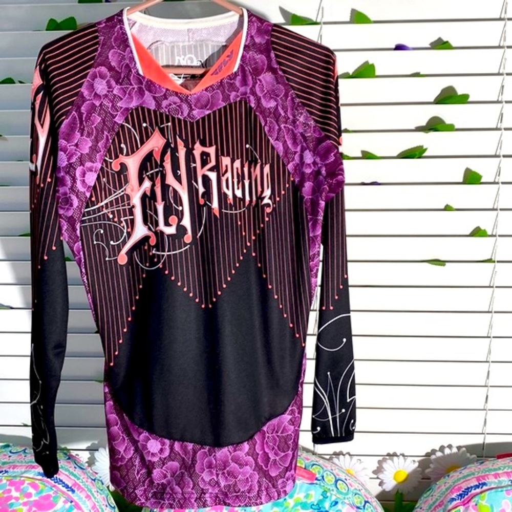 Fly Racing kinetic women’s lacy look purple and orange on black top